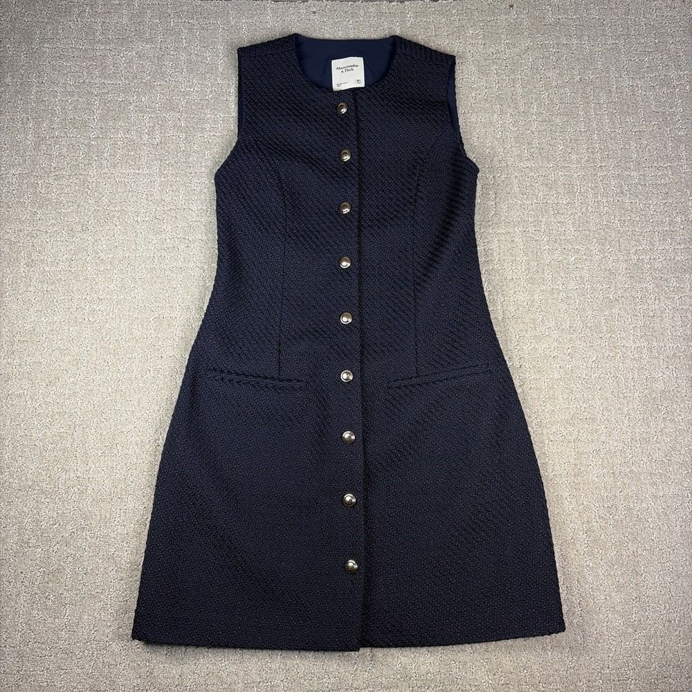 Abercrombie & Fitch Mara Tweed Vest Mini Dress Navy Blue M Tall Preppy Luxury